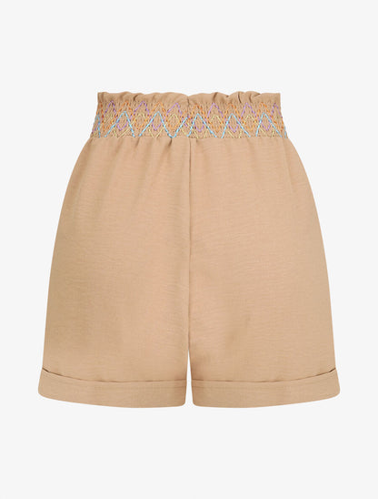 Short élastiqué uni à revers - Camel - 2