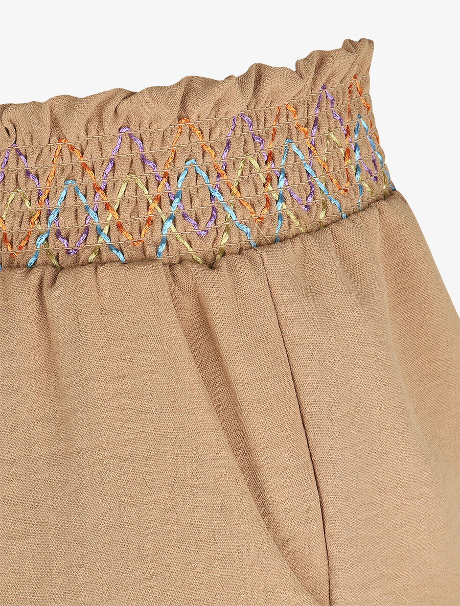 Short élastiqué uni à revers - Camel - 3