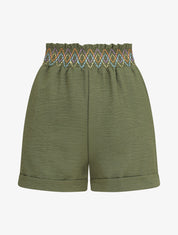 Short élastiqué uni à revers - Kaki - 4