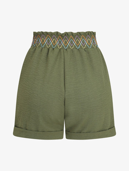 Short élastiqué uni à revers - Kaki - 2