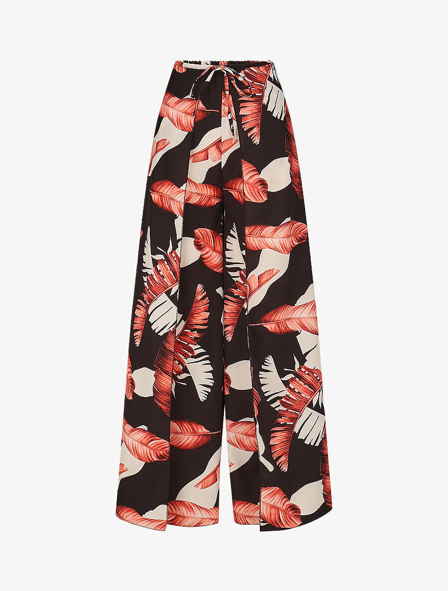 Pantalon à pans à nouer imprimé feuilles - Rouge/noir - 1