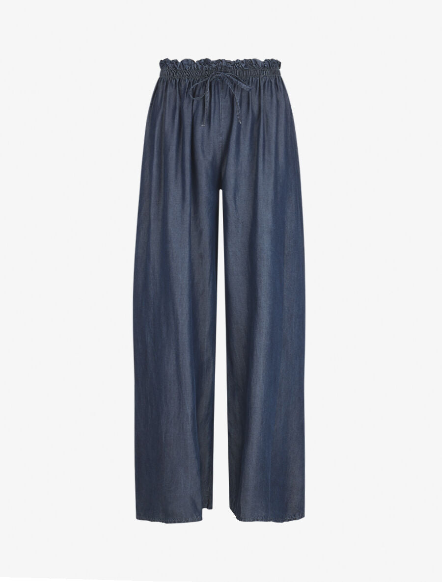 Pantalon ample taille haute élastiquée - Bleu denim - 4