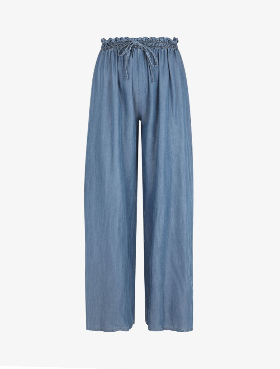 Pantalon ample taille haute élastiquée - Bleu clair - 4