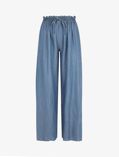 Pantalon ample taille haute élastiquée - Bleu clair - 4