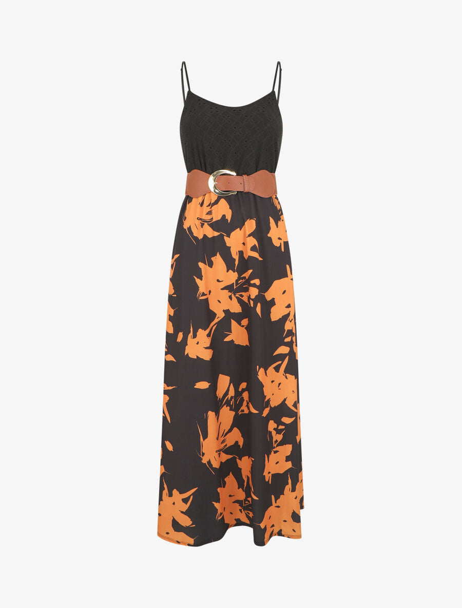 Robe longue bi-matière imprimé floral - Noir - 5