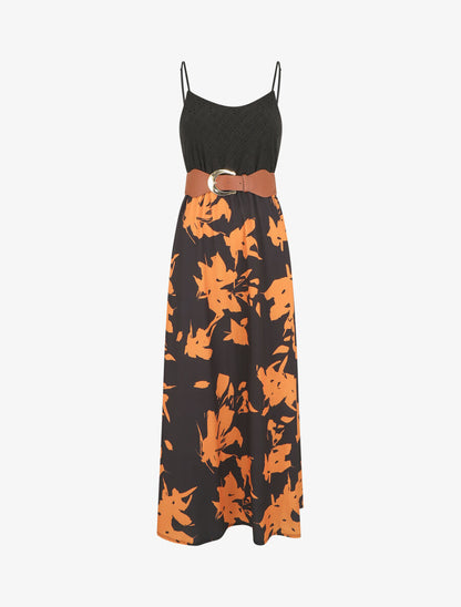 Robe longue bi-matière imprimé floral - Noir - 5
