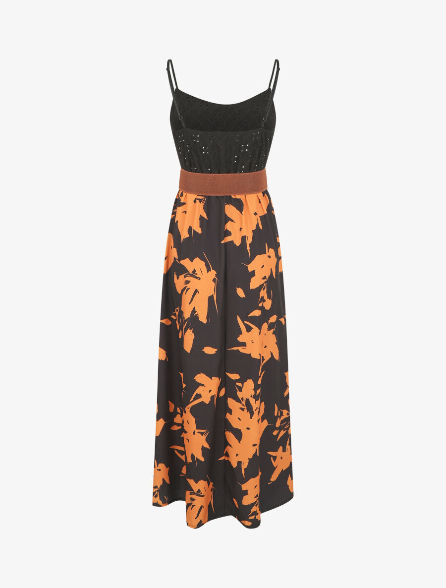 Robe longue bi-matière imprimé floral - Noir - 2