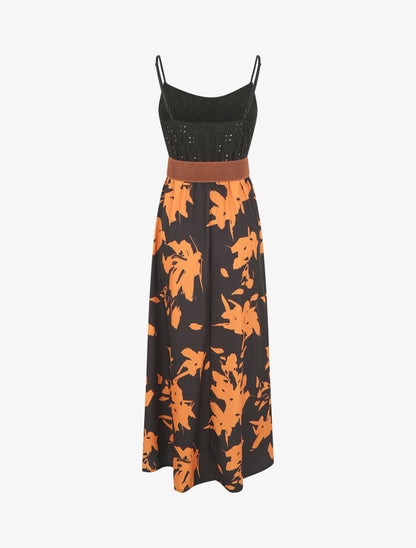 Robe longue bi-matière imprimé floral - Noir - 2