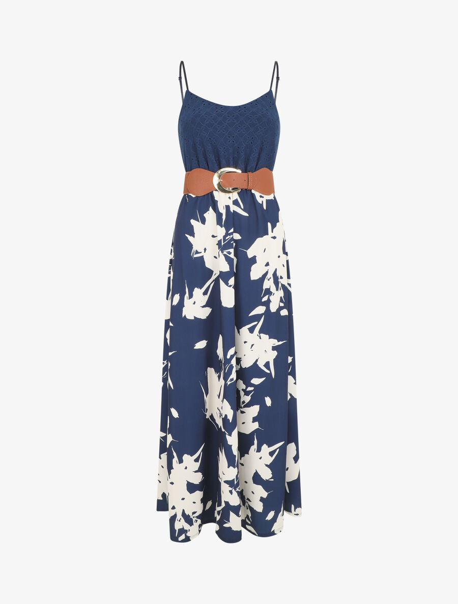 Robe longue bi-matière imprimé floral - Marine - 1