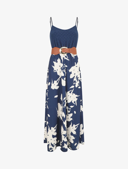 Robe longue bi-matière imprimé floral - Marine - 1