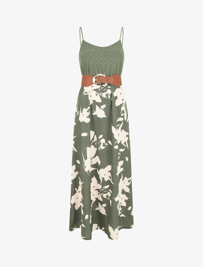 Robe longue bi-matière imprimé floral - Kaki - 1