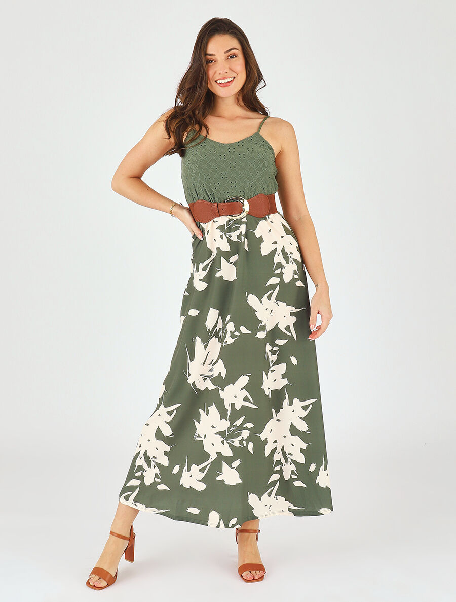 Robe longue bi-matière imprimé floral - Kaki - 4