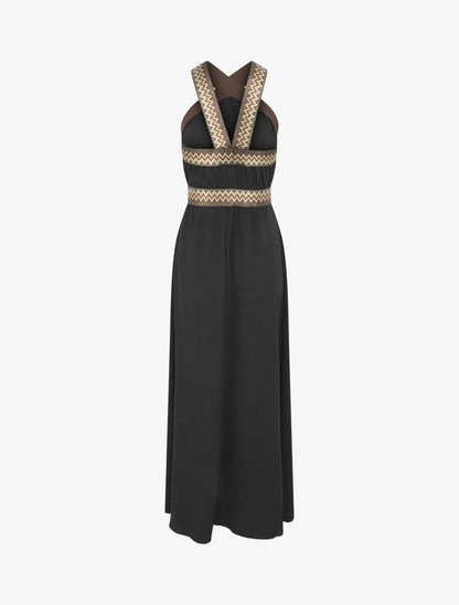 Robe longue unie col américain fantaisie - Noir - 2