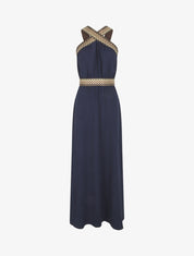 Robe longue unie col américain fantaisie - Marine - 1