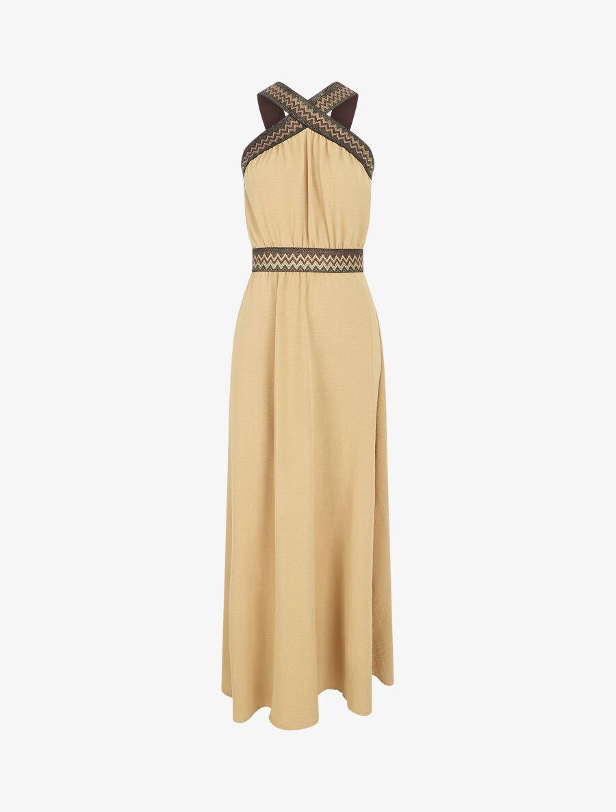 Robe longue unie col américain fantaisie - Beige - 1