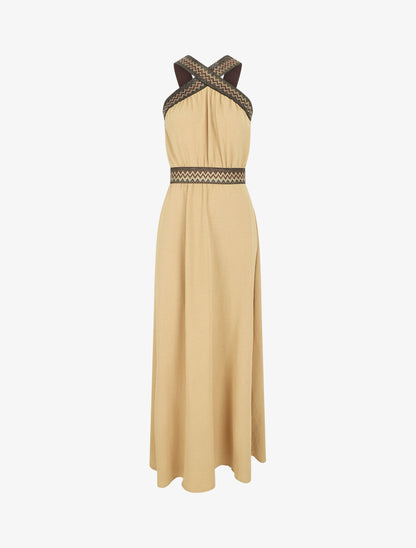 Robe longue unie col américain fantaisie - Beige - 1