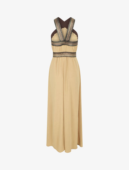 Robe longue unie col américain fantaisie - Beige - 2