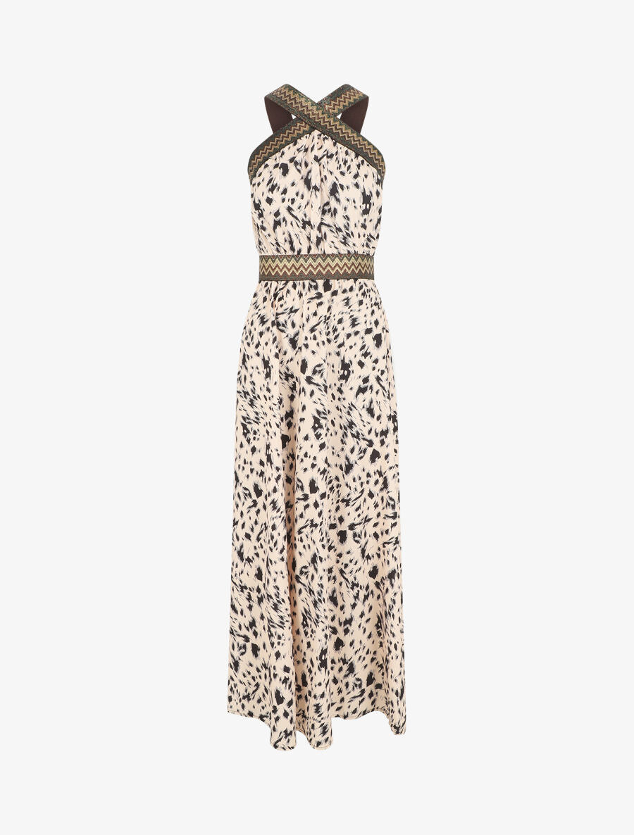 Robe longue imprimé fantaisie à larges bretelles croisées - Beige - 1