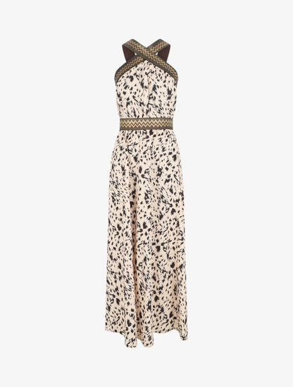 Robe longue imprimé fantaisie à larges bretelles croisées - Beige - 1