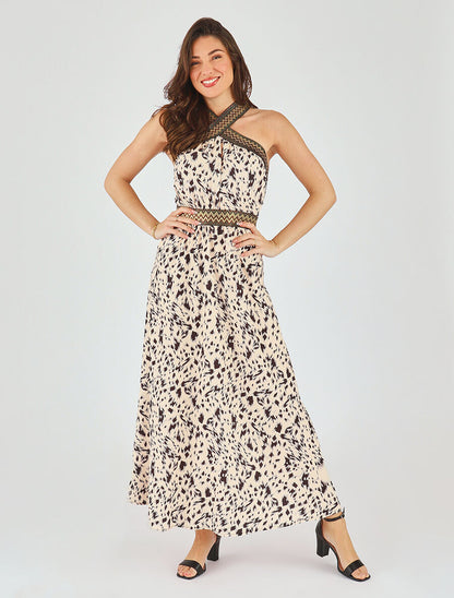 Robe longue imprimé fantaisie à larges bretelles croisées - Beige - 4