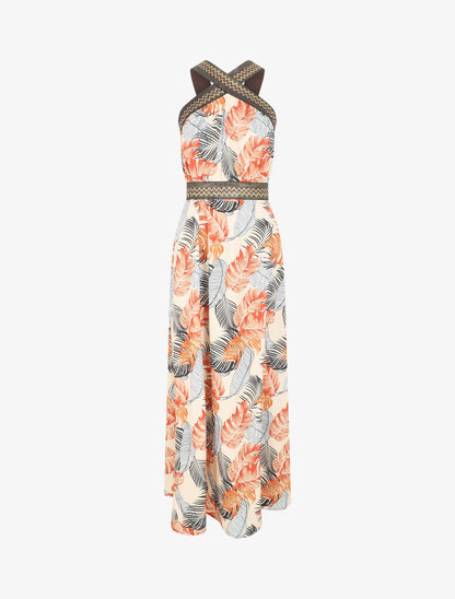 Robe longue imprimé tropical à larges bretelles croisées - Beige - 1