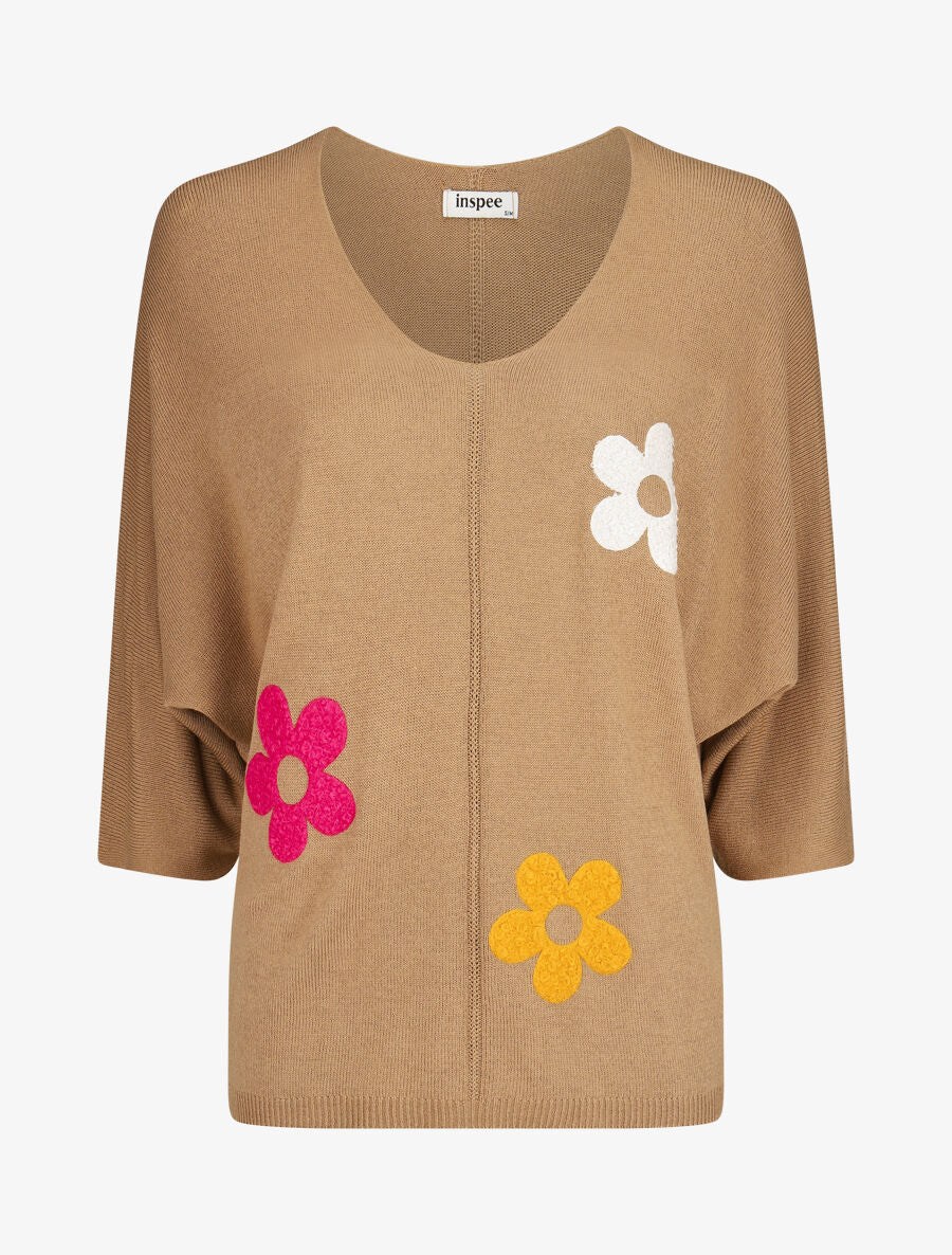 Pull fin à motif trois fleurs - Camel - 1