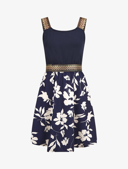 Robe courte fleurie bretelles fantaisies - Marine - 1