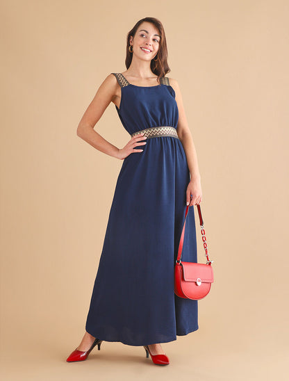 Robe longue unie bretelles fantaisies - Marine - 4