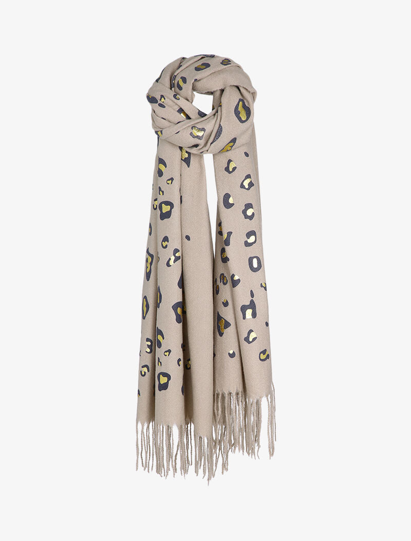 Echarpe à imprimé léopard lamé et franges - Beige - 3