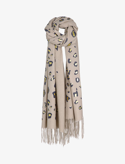 Echarpe à imprimé léopard lamé et franges - Beige - 3