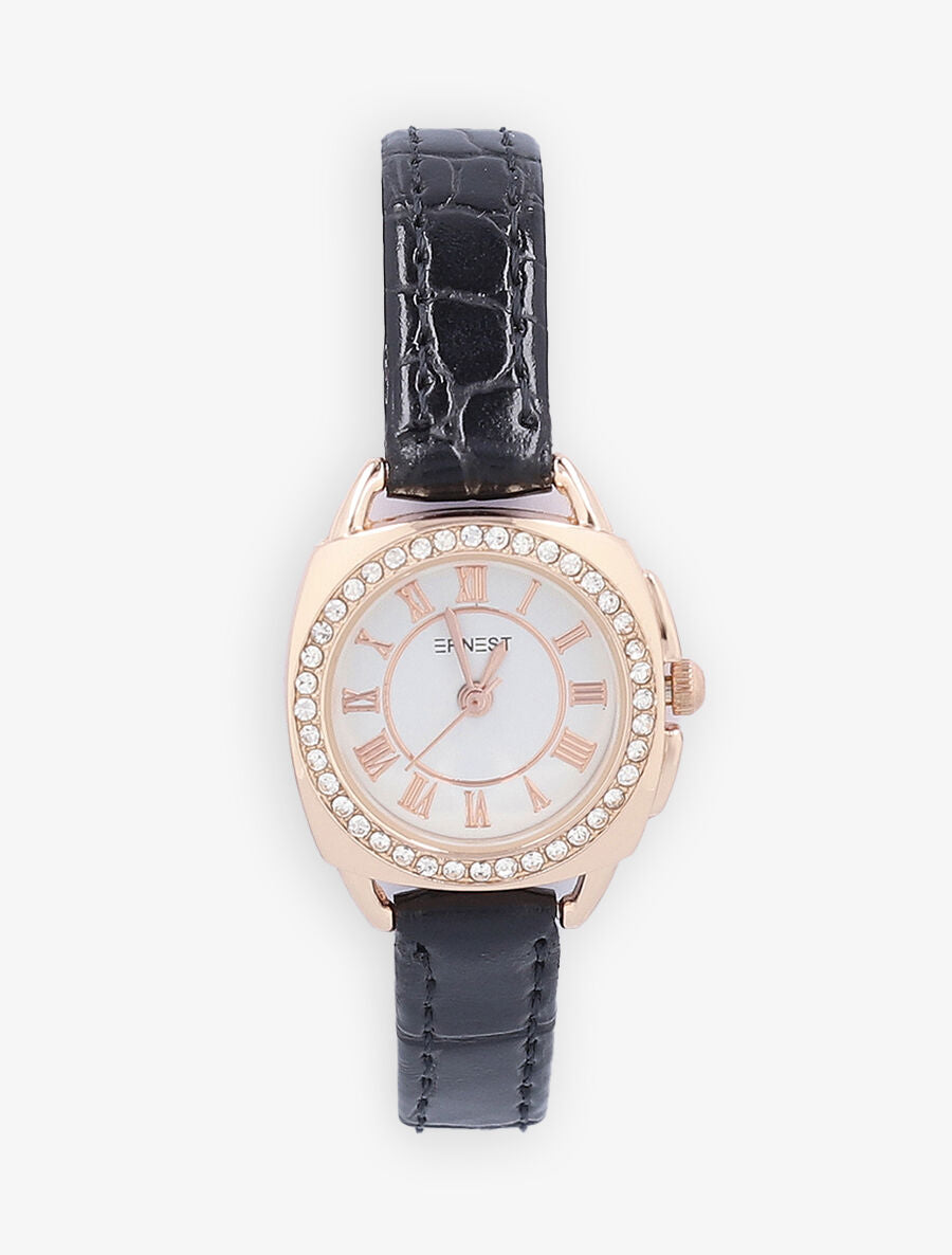 Montre effet croco à strass - Noir - 2