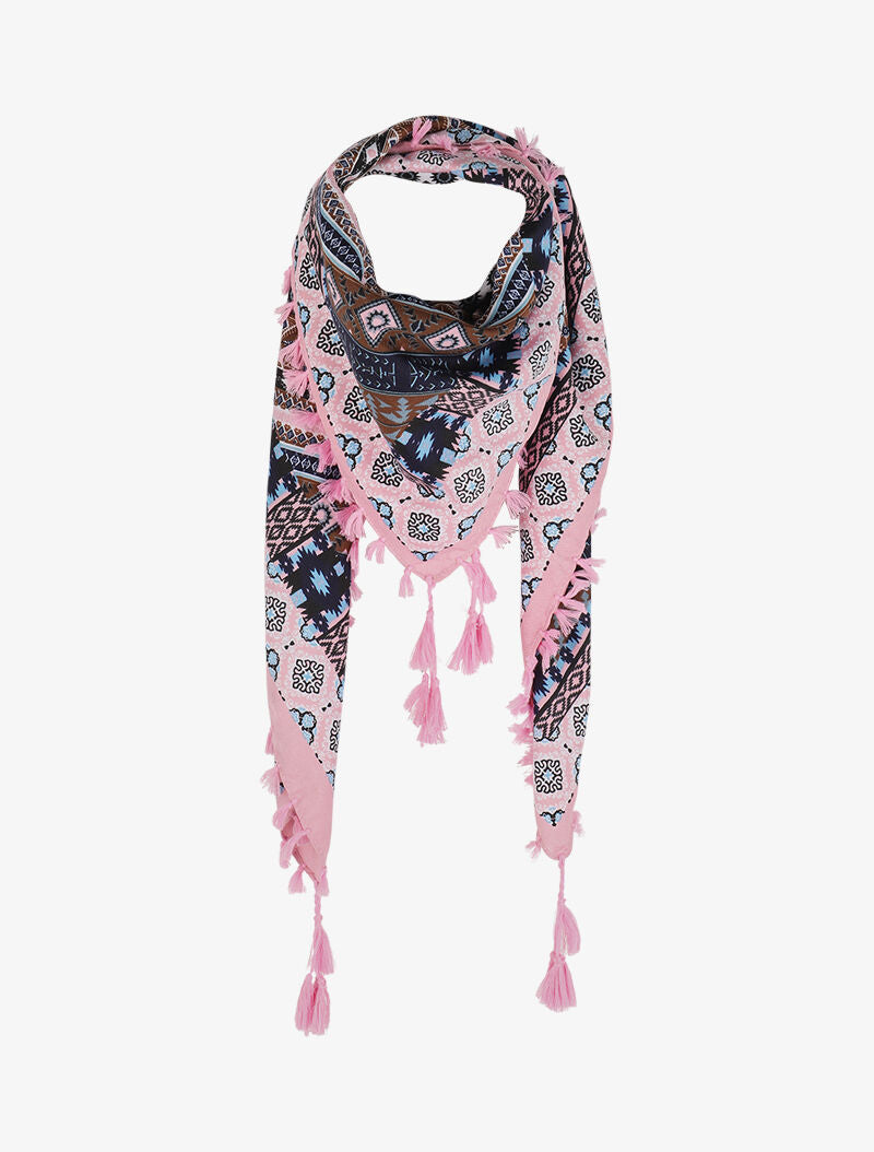 Foulard carré à imprimé aztèque et bords à pompons - Rose - 4