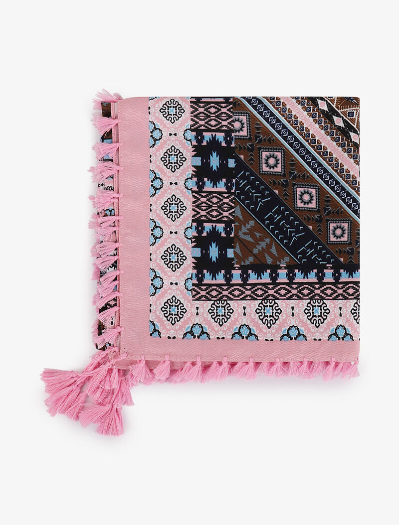 Foulard carré à imprimé aztèque et bords à pompons - Rose - 2