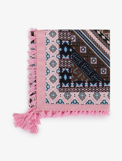 Foulard carré à imprimé aztèque et bords à pompons - Rose - 2