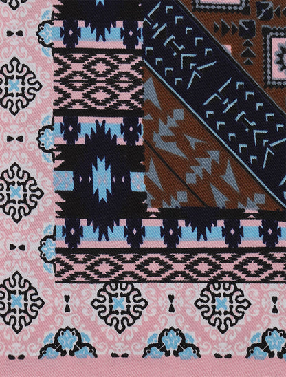 Foulard carré à imprimé aztèque et bords à pompons - Rose - 3