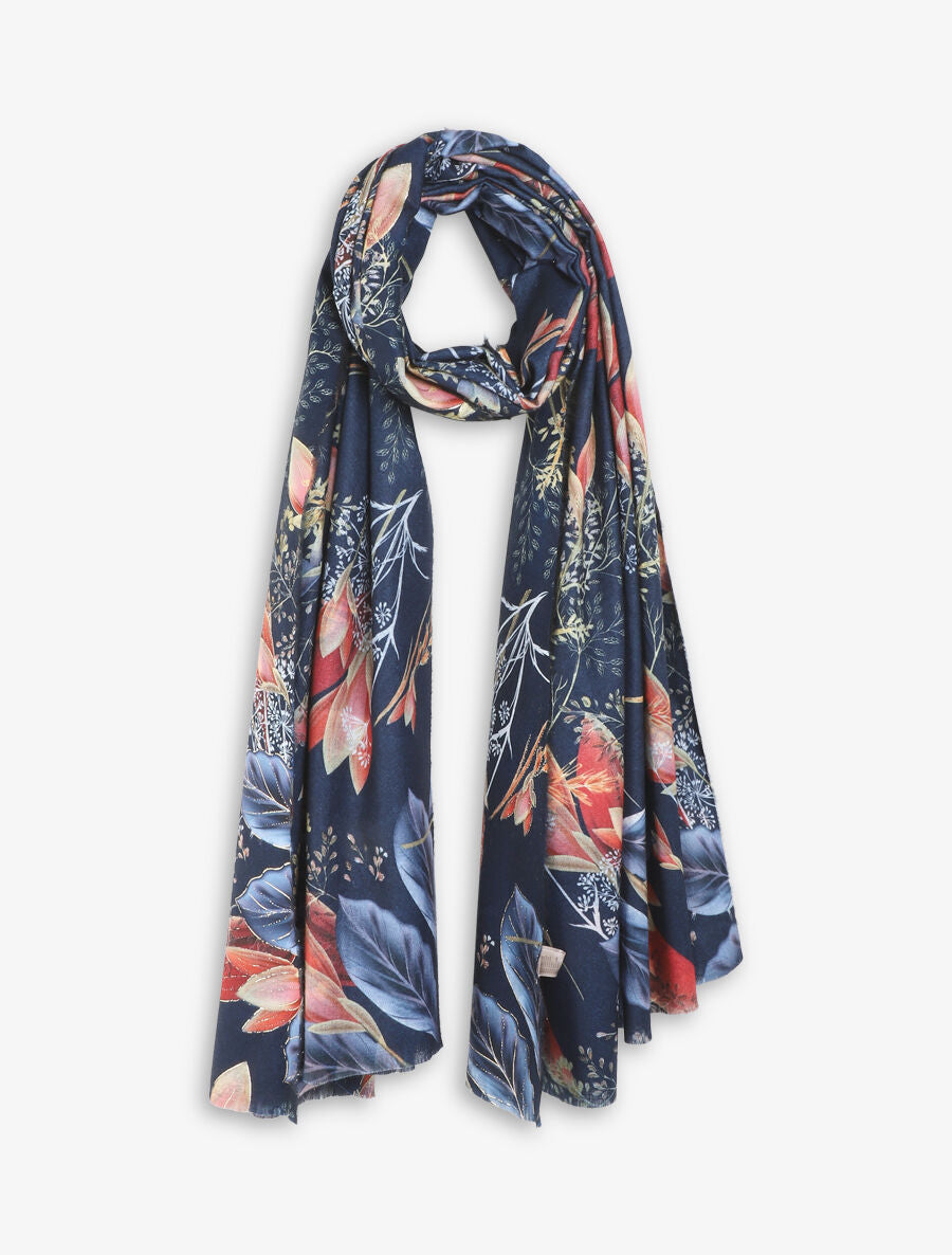 Foulard à imprimé feuilles irisées - Bleu marine - 1