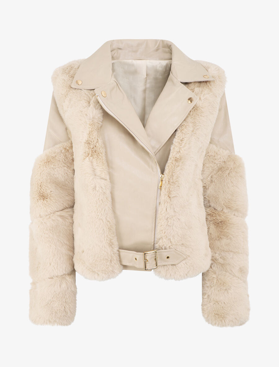 Perfecto en simili et fourrure synthétique - Beige - 4