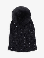 Bonnet côtelé à perles et pompon - Noir - 1
