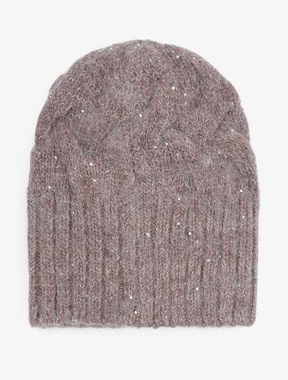 Bonnet en maille tressée à sequins - Taupe - 3