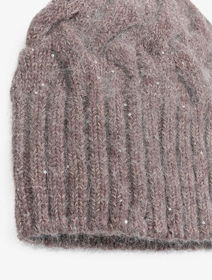 Bonnet en maille tressée à sequins - Taupe - 2