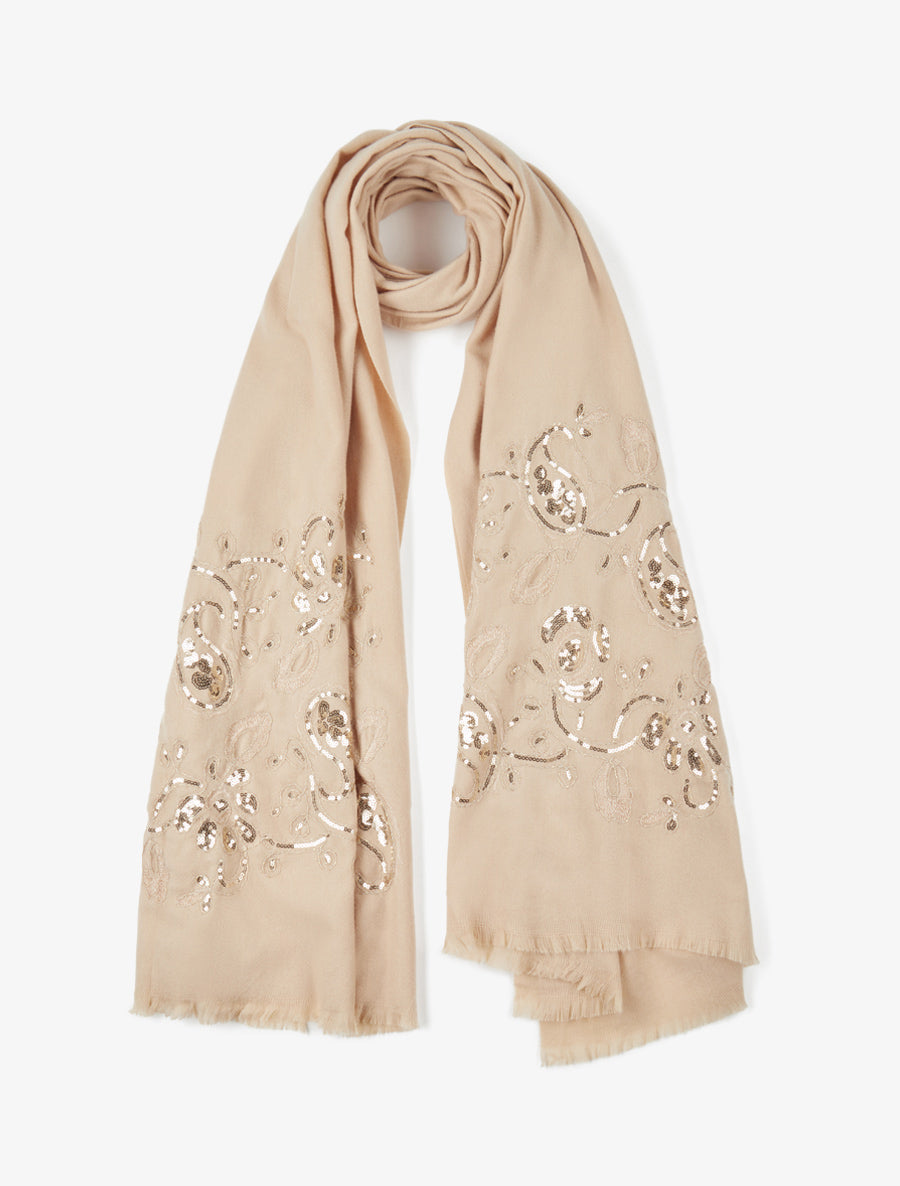Echarpe à imprimé fleurs ornées de sequins - Beige - 1