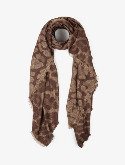 Foulard imprimé léopard irisé à bords effilochés - Marron - 1