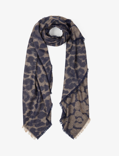 Foulard imprimé léopard irisé à bords effilochés - Marine - 1