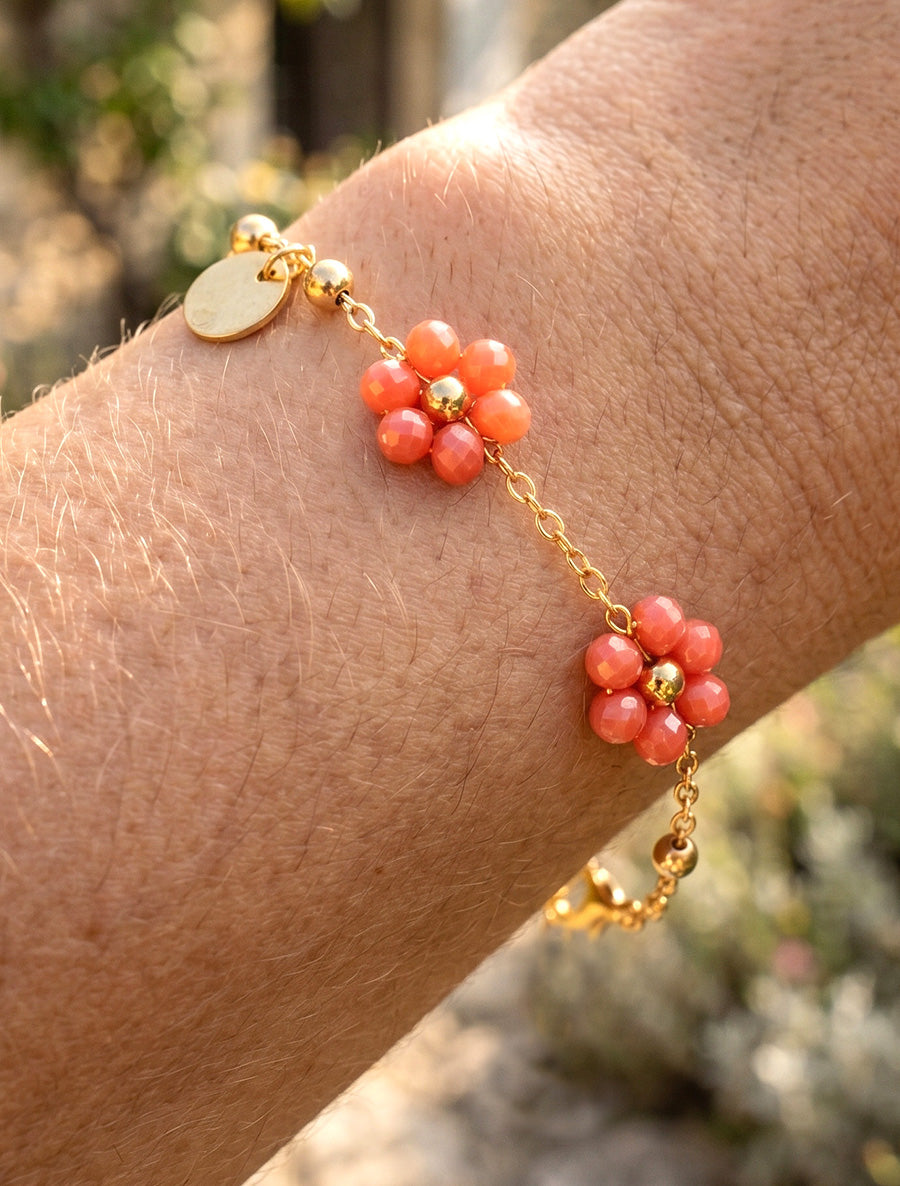 Bracelet à petites fleurs perlées et colorées - Corail - 1