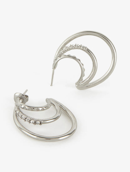 Créoles triple anneaux à gravures et strass - Argent - 3