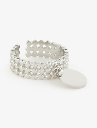 Bague à petites billes et breloque ronde - Argent - 2