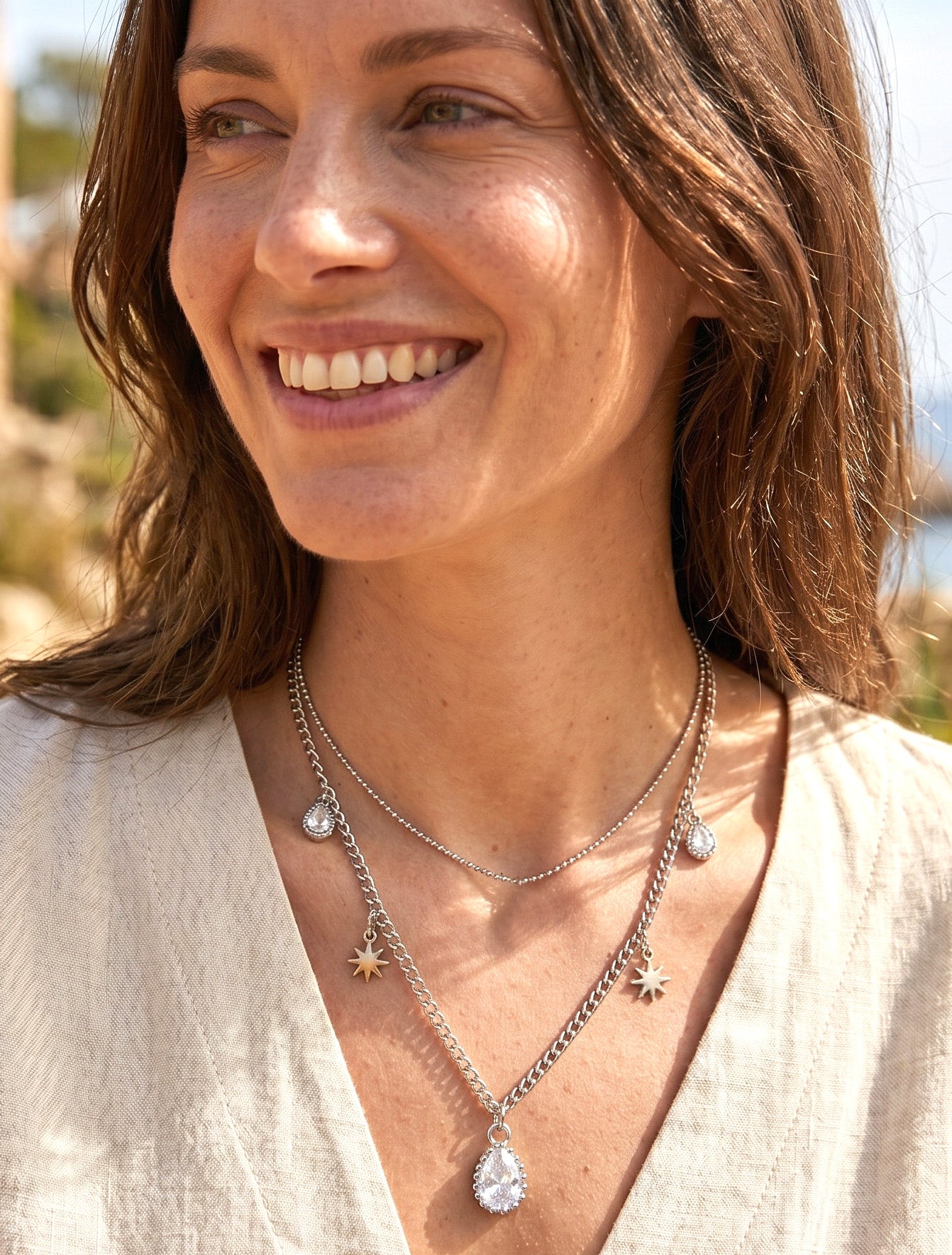 Collier double rangs à zircons et étoiles - Argent - 1