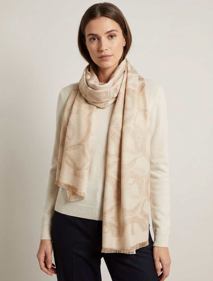 Rechteckiger Schal mit Kreismuster und offenen Kanten - Beige