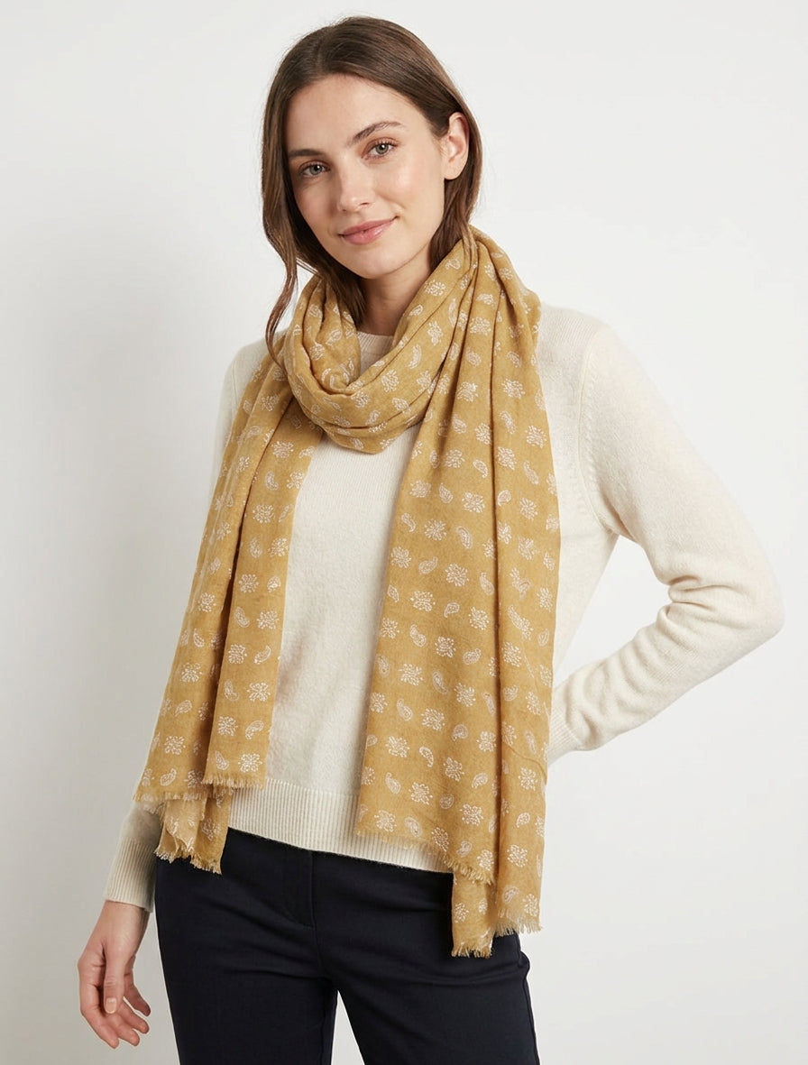 Schal mit Paisleymuster und offenen Kanten - Senf