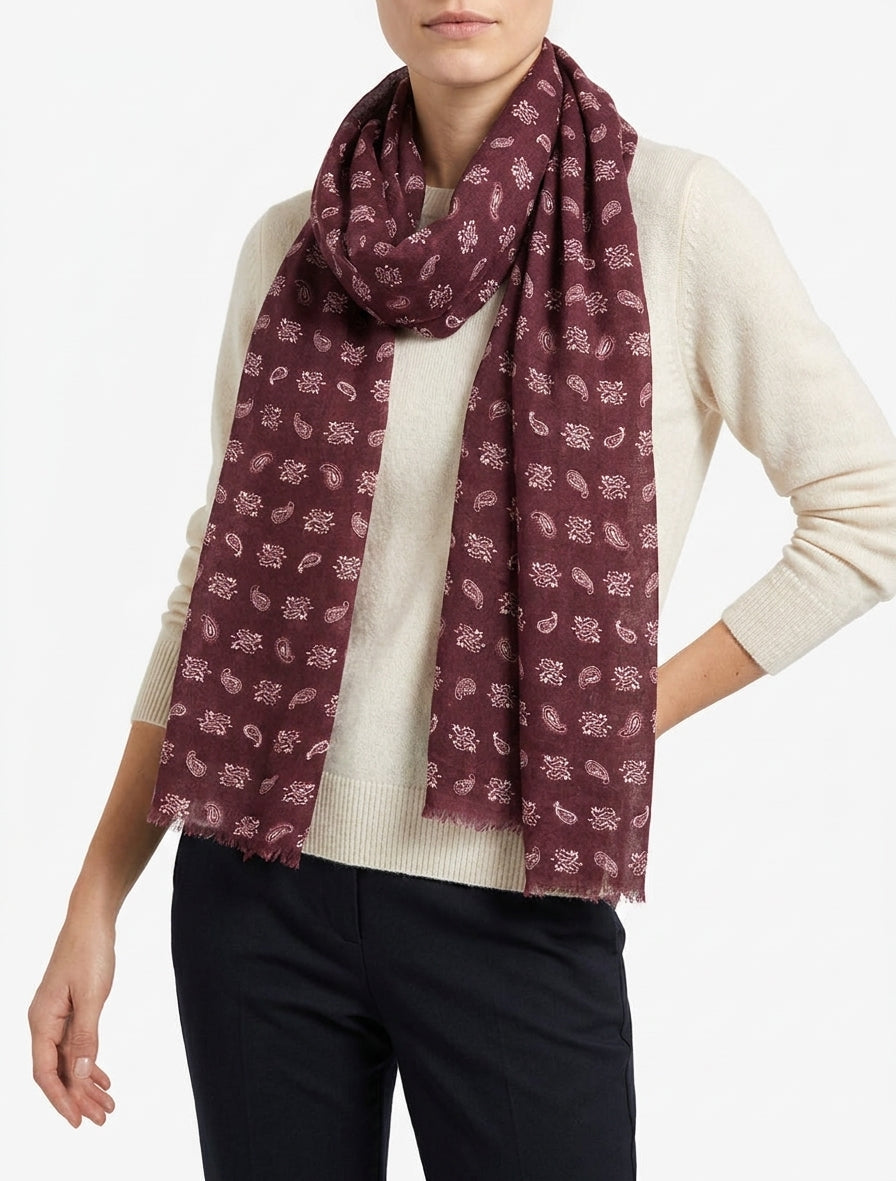 Schal mit Paisleymuster und offenen Kanten - Weinrot